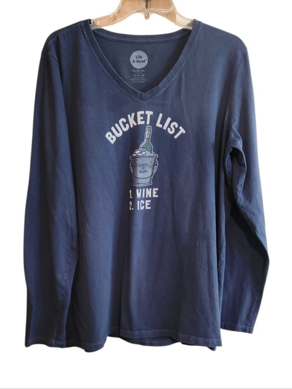 Life Is Good Navy Long Sleeve V-Neck Tee with 'Bucket List' Wine And Ice Graphic
